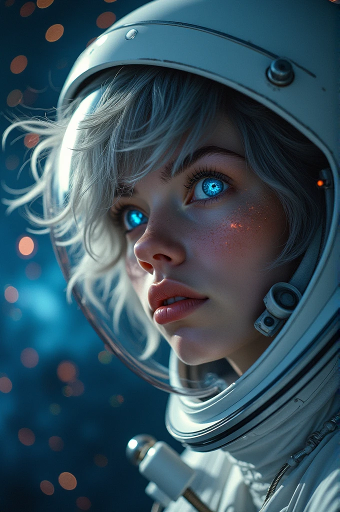 (Close-up of a better masterpiece:1.5)0.9], (Space and astronauts:1.2) (Messy silver hair:1.1) (Heterochromia xanthochromia and blue eyes:1.2) (Space Helmet:1.0) (Colored stars in the eyes:1.0) (A radiant glow:1.1) (thick lips:0.9)