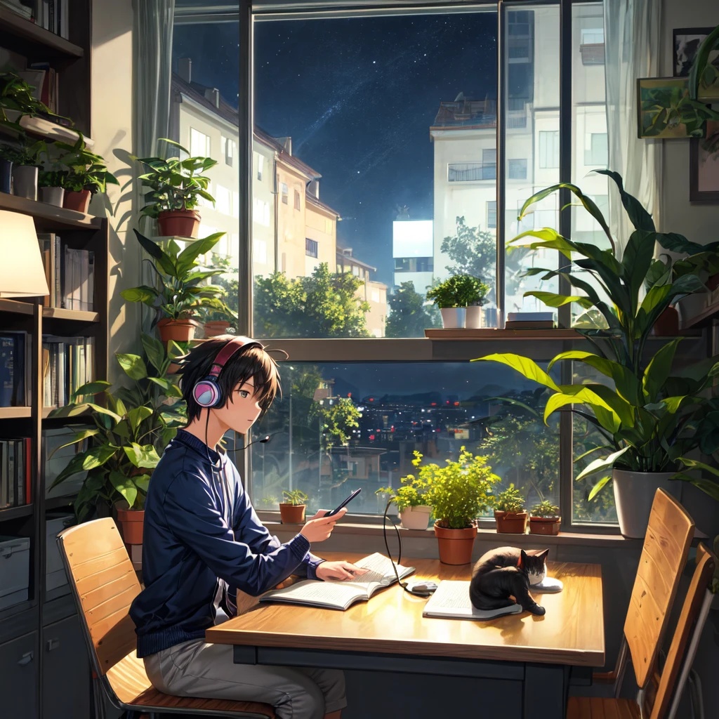 Desktop wallpaper of an anime guy studying with his headphones on, a small plant on his table, his cat on window, mood, aesthetic, night time, cheerful