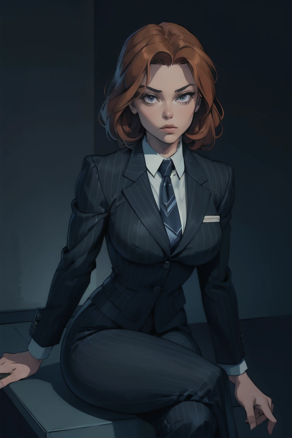 FBI agent Dana Scully from "The X-Files." 90's, black pinstripe suit. Sitting