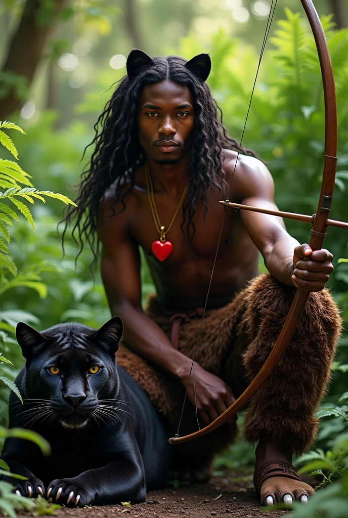 A handsome guy with dark skin and the masculine features of a young guy. He has black hair that reaches below his waist and panther ears.. He has a bare torso, wearing full-length brown fur trousers and hoof-like shoes.. He has a red heart pendant.. He squats in a thicket of ferns and shoots a bow.. A kind, beautiful panther lies beside him..