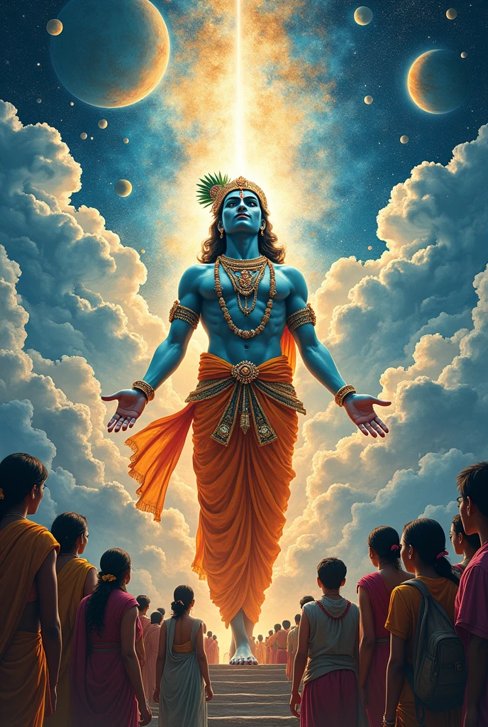 Create a woodcut style image digital art surreal art that depicts a lord krishna with divine characteristics, the figure is one chosen by the gods of spirituality,the figure is shrouded in clouds looking at the planets and ancestral signs,figure has a crowd of people around him who look at him with surprise and admiration,quantum art spread across the image,Use a vibrant color palette, including blue, oranges and whites, to create heavenly contrast and a stunning visual effect. The ornaments worn by krishna and krishna should highlight in this attire.body glowing