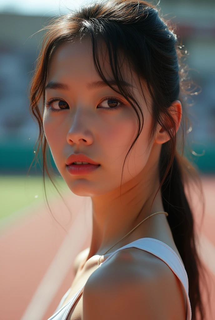 (masterpiece),(Highest quality),(Very detailed),(Ultra-high resolution),(Photorealistic Stick),(RAW Photos),8k,wallpaper,Backlight,(Written boundary depth),(Sophisticated lighting), (Improving cinematic lighting quality),photo of a dressed woman,Track and field athlete,Portrait Photography,Beautiful Japanese Women,(whole body:2.0),(Eye light,Sharp pupils,Detailed eye drawing),(Detailed skin texture:1.6),A lovely and delicate face,Japanese women who love sports,Random Hairstyles,((Big Ass)),(((Muscular))),Look at this,front,break(Good Racing),(Racing Bloomers),((Athletics Stadium:1.5)),((Rear View)),(Detailed Female Hands:1.6)