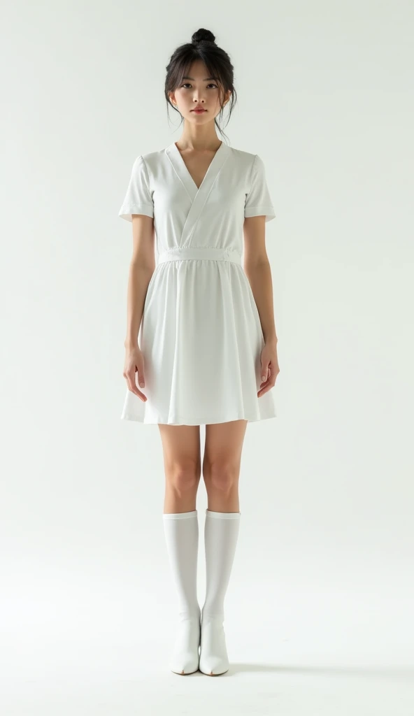 Japanese woman with short hair tied back, wearing a white isshou dress with a short skirt, with her face facing the camera, straight body pose facing the camera, full model body to feet, wearing white knee-high shoes, 4k, hd, realistic,jump