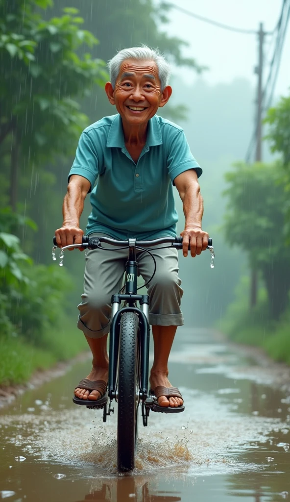 Mr. Tu got mud on him. Mr. Tu got mud on him as he cycled through a puddle.. It's raining.
3D image
Mr. Tu is a man over 60 years old, skinny, dark skin, short neat silver hair. He wore a light blue short-sleeved shirt., light gray khaki pants, brown rubber sandals. His face was full of wrinkles but gentle and cheerful..