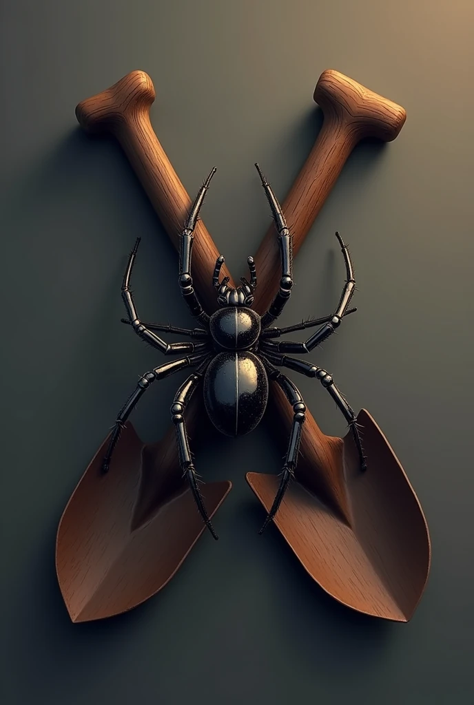 Create a logo for a funeral home with a spider and two crossed shovels in the background 2d