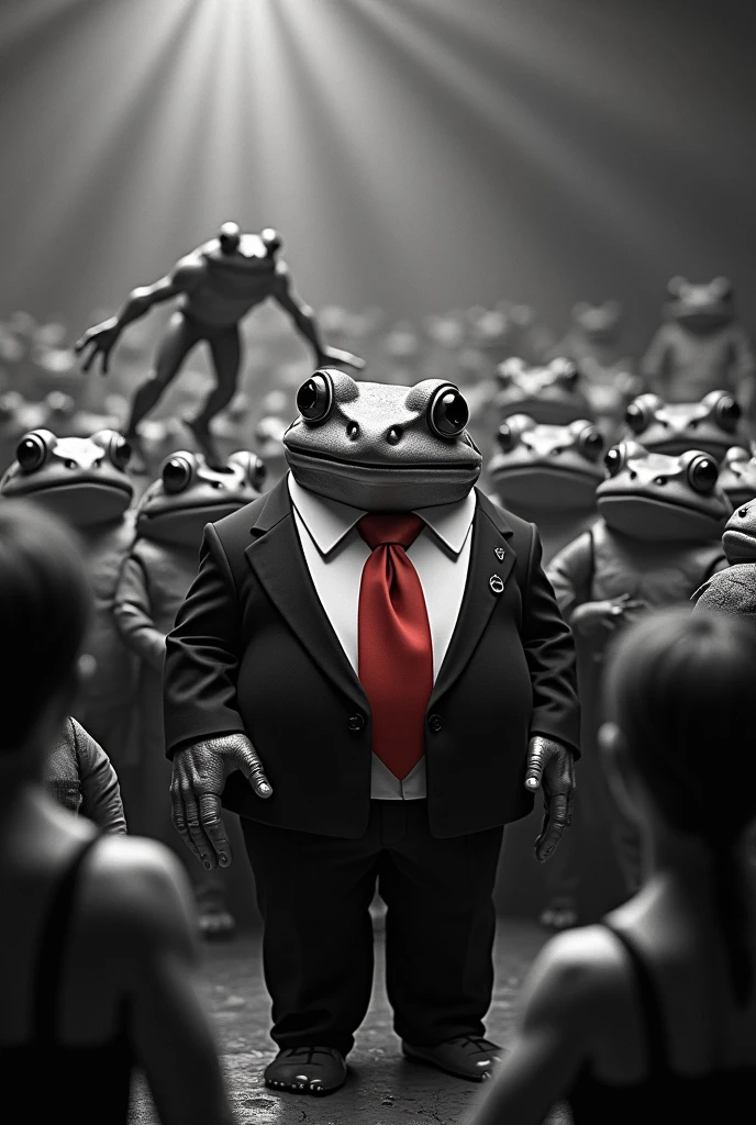 A fat frog with a tux and a red tie and a big crowd and a frog dressed as a bodyguard leaping on the stage in black and white.