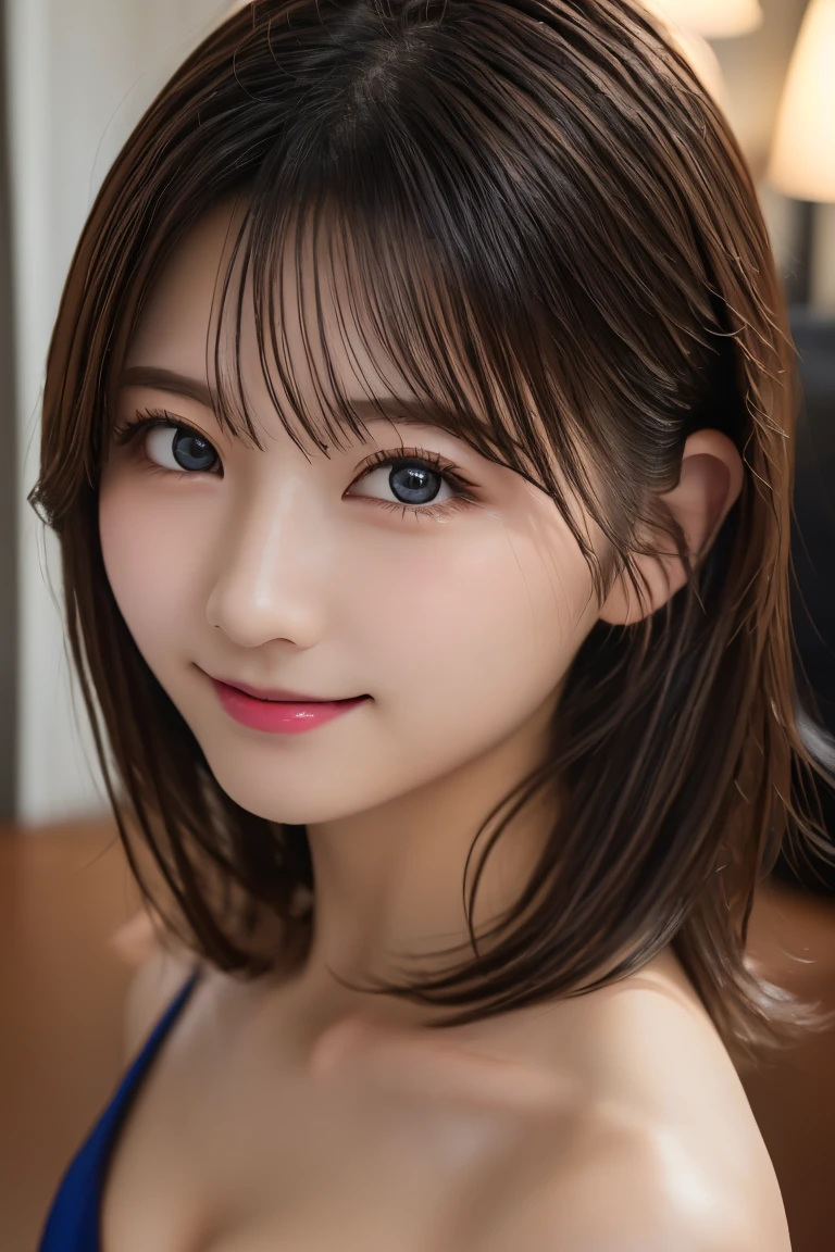 Highest quality, (beautiful)、beautiful女性、、Precision Eyes、Looking into the camera、Medium Hair、Inward curl hair、smile、Hotel room、Completely naked、Shoot from above、Close-up of face、Cleavage