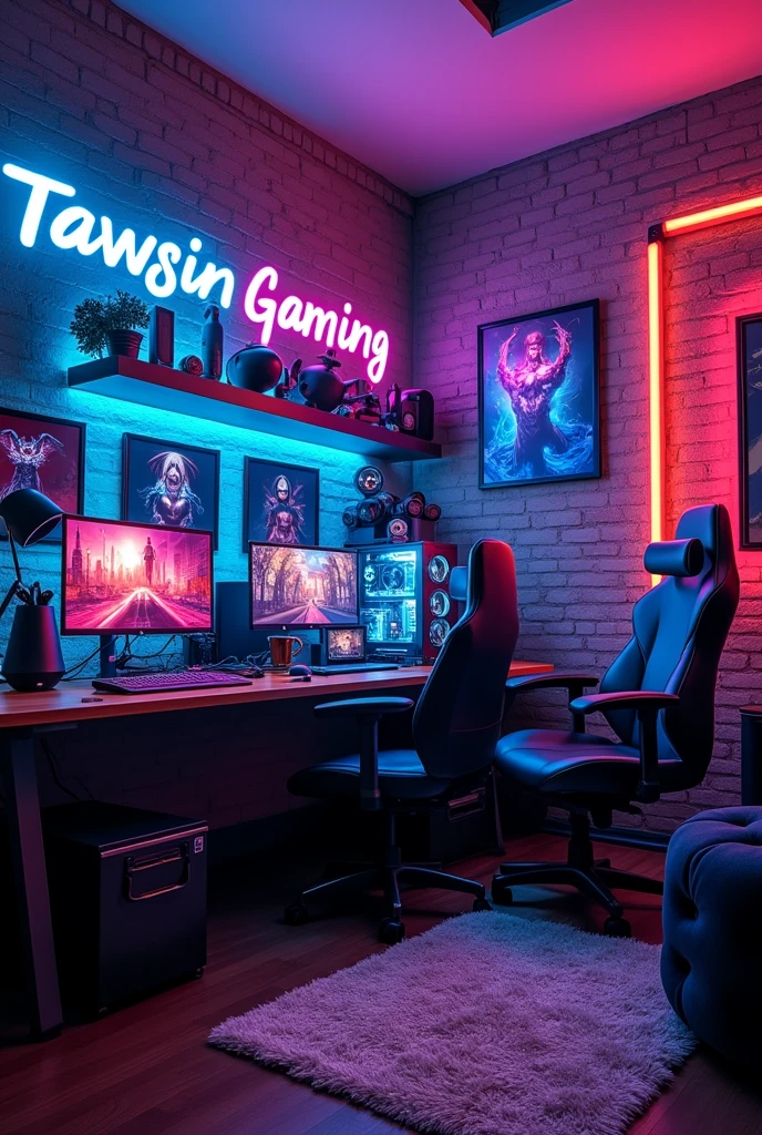 A beautiful gaming room with a computer pc is easy to understand but above is written in English in a special style Tawsin Gaming YT many times small large medium size a large text that looks very beautiful the picture will be like a post