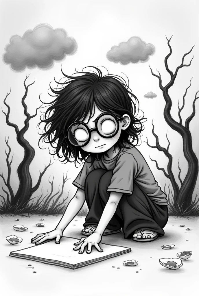 Sickly atmosphere、Black and White、simple、Children's doodle style、An illustration、Girl