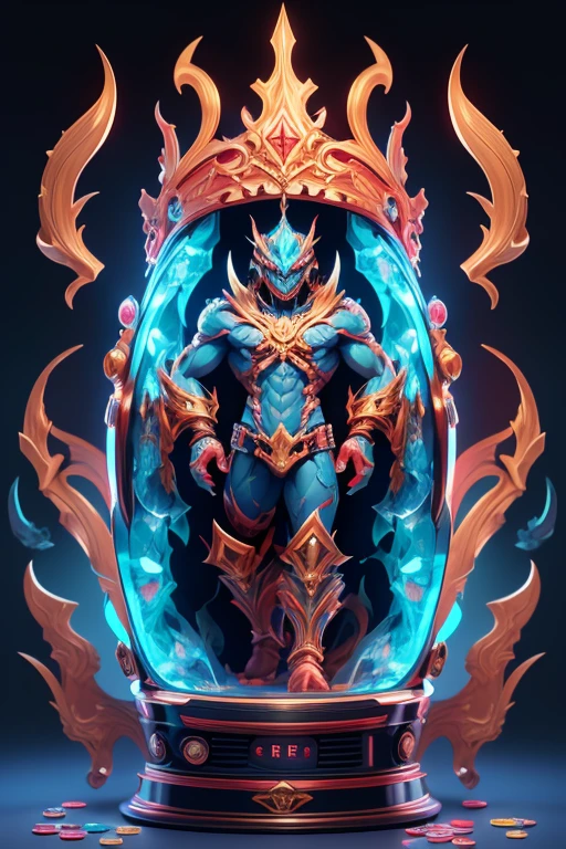 Create an image of a monster Slot machine, The body is transparent and can be seen through. The image is sharp and detailed., with beautiful colors.. With arms, leg, eyes, mouth, พื้นหลังสีlegว