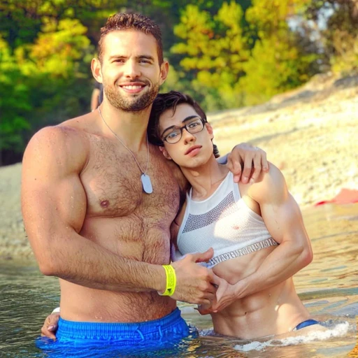 add another effeminate nerdy shirtless man who is very skinny, hugged, Whole body.