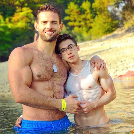 add another effeminate nerdy shirtless man who is very skinny, hugged, Whole body.