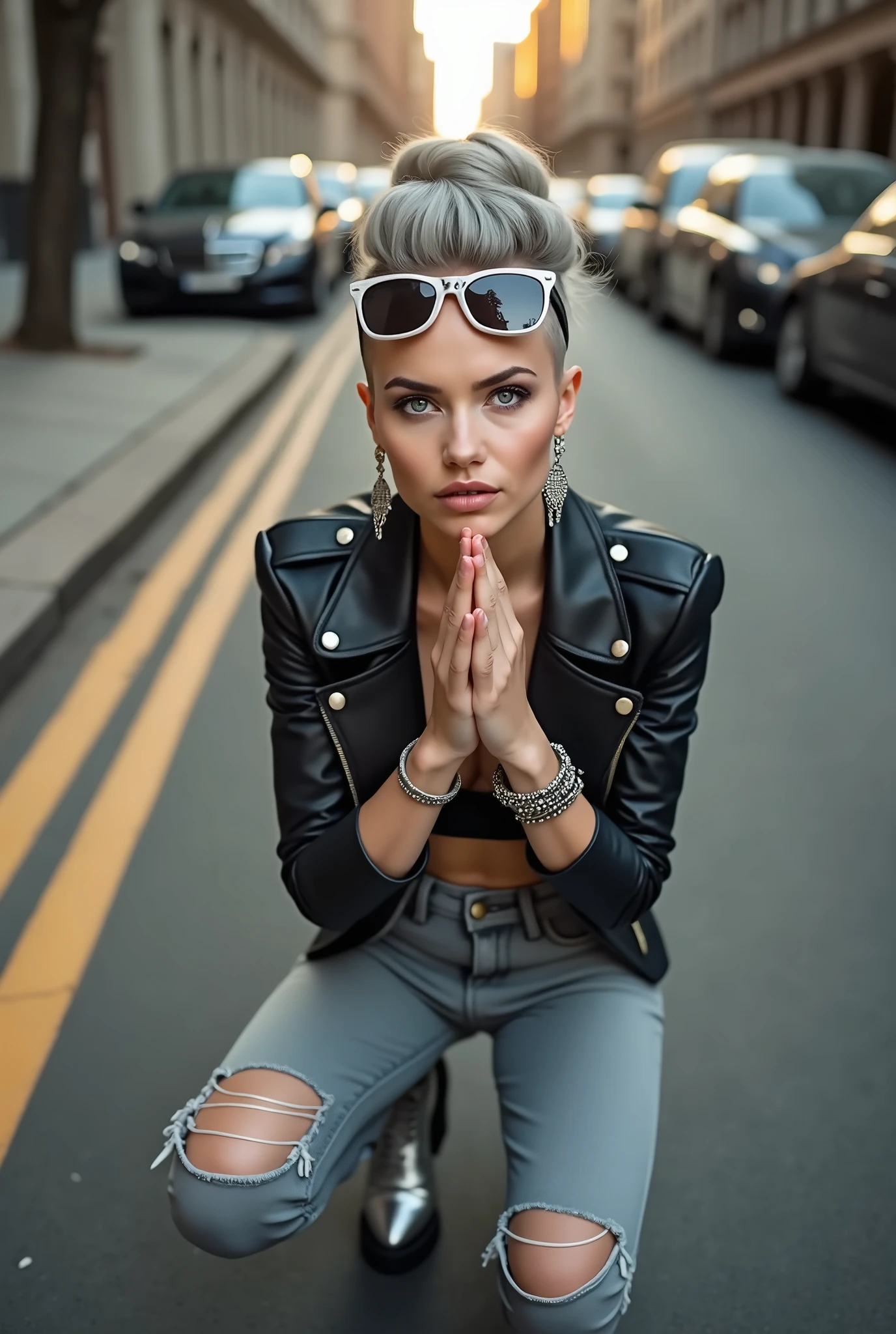 russian old milf woman, gray hair (huge top bun with shaved sides) and sunglasses as headband (big maxi glasses), with very light blue eyes, extremely pale. Wearing cropped black moto jacket, black bra, skinny black jeans with worn knees and pointy silver Chelsea boots with cuban heels . Lots of metallic bracelets and collars. Tacky leather belt with oversized buckle. Long silver earrings. Kneeling in a payer, looking up, chin up, eyes and mouth wide open in amazement. Hands in praying position. Looking at the camera in amazement, toned abdominals, thin legs and thin arms. tattoed