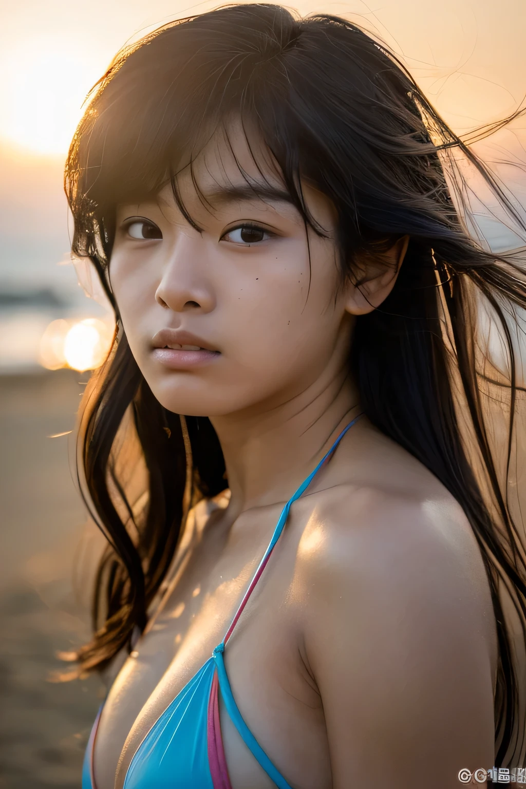 Hair blowing in the wind、Wet Skin、Wet Hair、Wet clothes、Pacific island at sunset,A cute girl with a face like a Japanese idol,((Cinema Lighting),(Natural light),(High level of artistry),(artistic),(Indistinguishable quality from the real thing),{{RAW Photos}},{{Genuine}},High resolution,masterpiece, beautiful, Handsome Tomboy, Looks like a salon model, ((Cool face)), Neutral facial features, Cowboy Shot,  nsfw:1.4、Puzzled、Shyness、sleepy、Spoiled、Bisexual:1.2, Micro bikini with an emphasis on bondage fashion&#39;