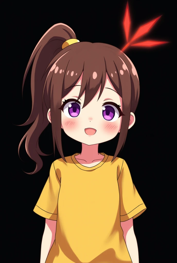 Gamer , black background , Anime girl , brown hair colour , ponytail hair style , yellow T-shirt , purple eyes , empty eye lens , uncaring eye , happy face , chibi
