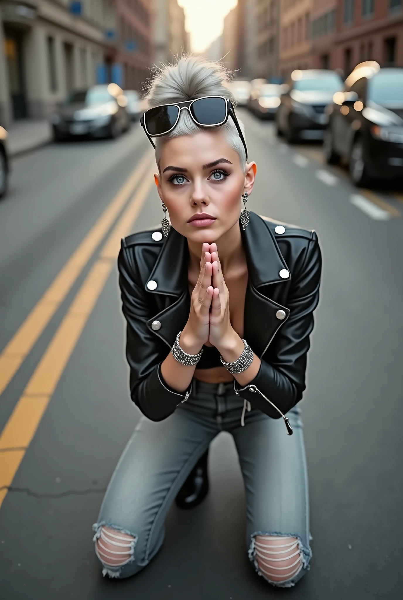 russian old milf woman, gray hair (huge top bun with shaved sides) and sunglasses as headband (big maxi glasses), with very light blue eyes, extremely pale. Wearing cropped black moto jacket, black bra, skinny black jeans with worn knees and pointy silver Chelsea boots with cuban heels . Lots of metallic bracelets and collars. Tacky leather belt with oversized buckle. Long silver earrings. Kneeling in a payer, looking up, chin up, eyes and mouth wide open in amazement. Hands in praying position. Looking at the camera in amazement, toned abdominals, thin legs and thin arms. tattoed
