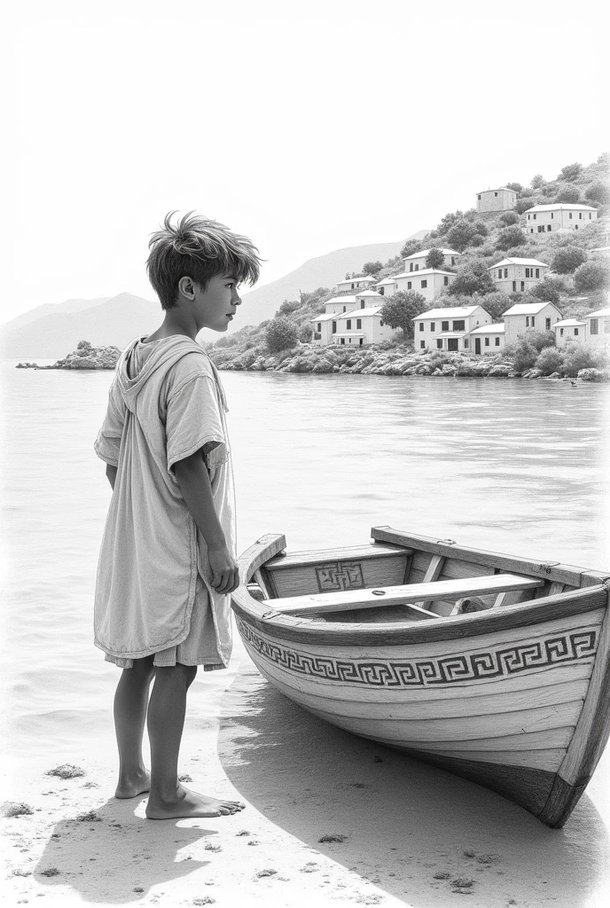 A very simple pencil sketch of a young fisherman in ancient Greece with a boat