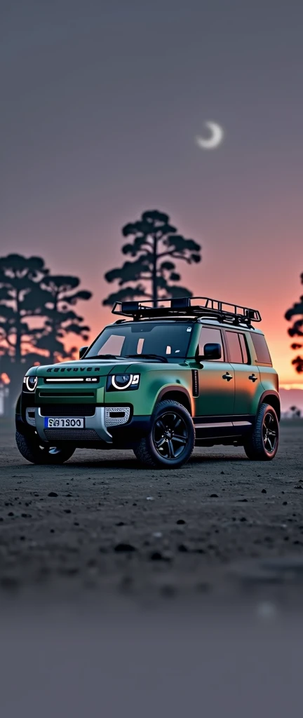 Ah ultra hd wide long straight photography of Brand new ((luxury )land rover defender 110 model 2024) 5 door defender in dark greenish colour with (Reflecting like a mirror shining body painting) and side mounted ladder. Diamond cut alloy wheels are turned and lowered body). Dark violet sky and dark grey soil and background filled with dark trees. No roof rack