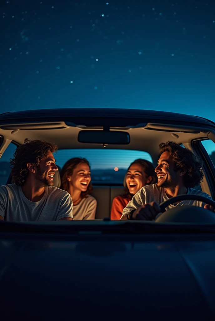 four friends in one car. A friend sitting inside the car is talking funny. A friend is getting angry at night.1280 x 720 pixels and up to 2MB model car