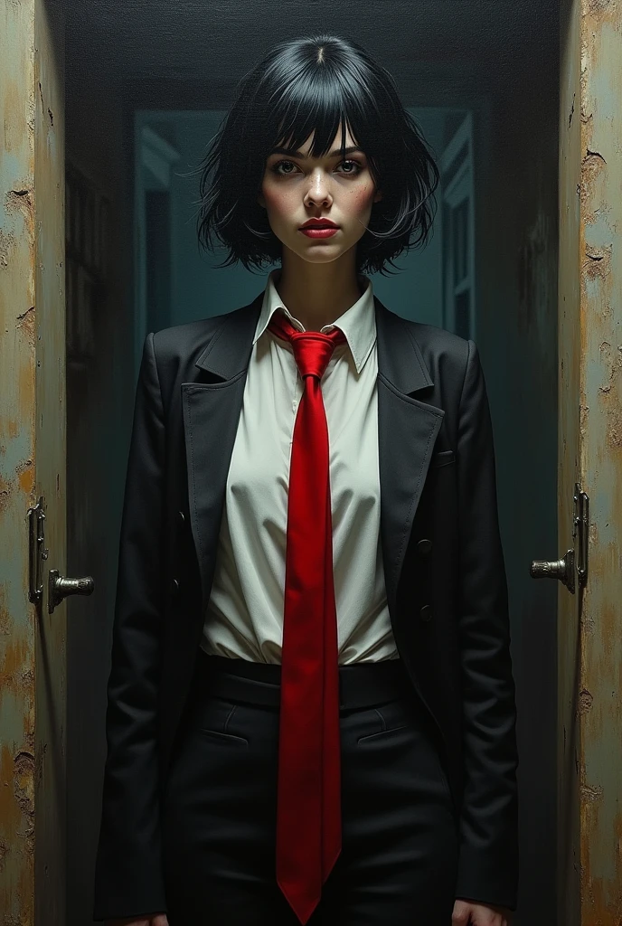 ((adult)), (woman), ((tall)), Moses from distortion detective, masterpiece, best quality, dark aura, short black hair with white strips, (messy hair), plain white shirt, coat over shoulders, white shirt, red scarf tie, (faint smile), realistic anime style, (oil painting), dark old manor background, night, impasto. ambiguous figure and face