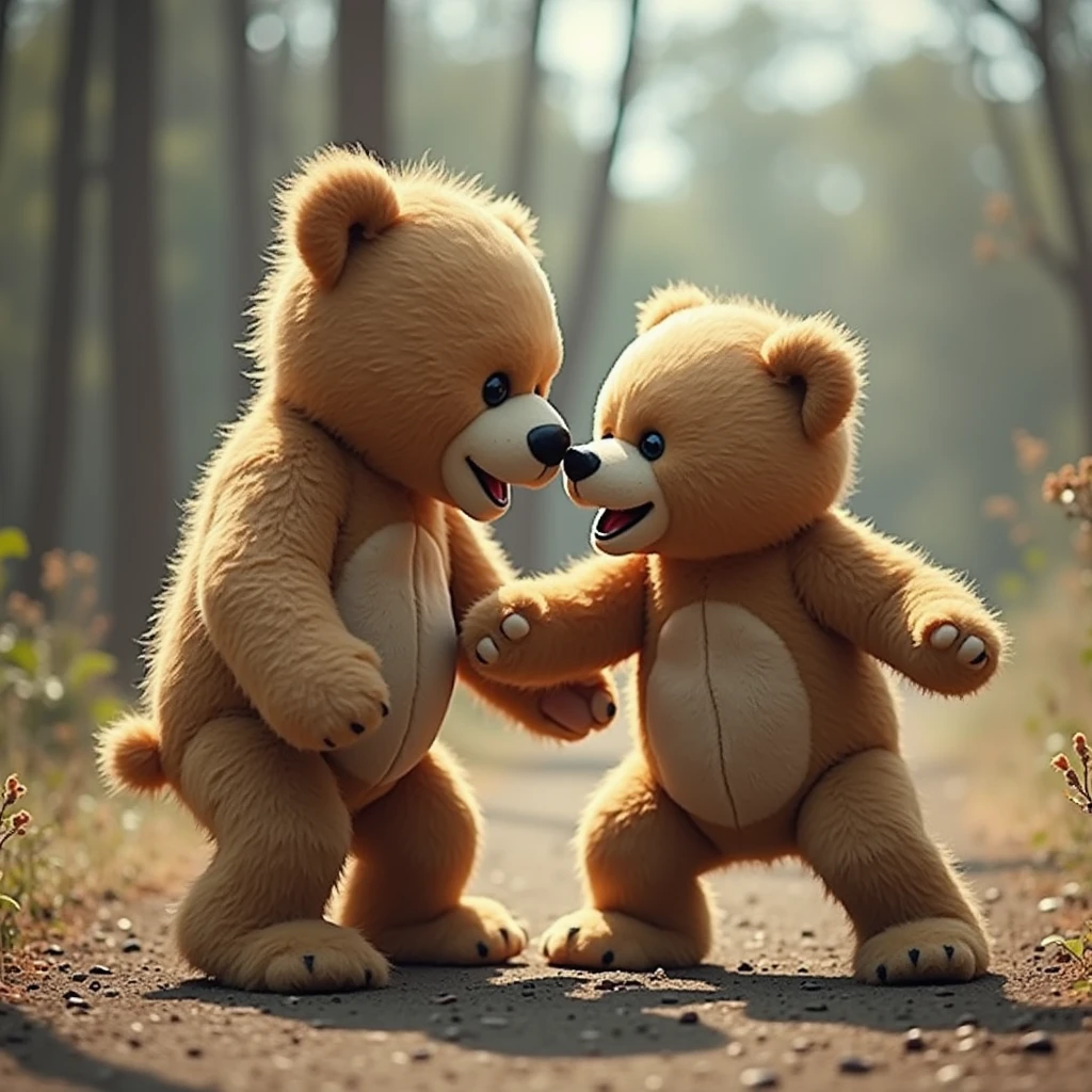 A teddy bear is fighting