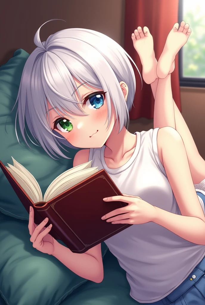anime style, young adult woman, with one blue eye and one green eye, short white hair.
The woman is lying on her back on the floor. , with the head resting on a pillow.
Her legs are raised and resting on the wall., creating a right angle with your body.
He is holding a book with both hands, which is reading in a relaxed manner.