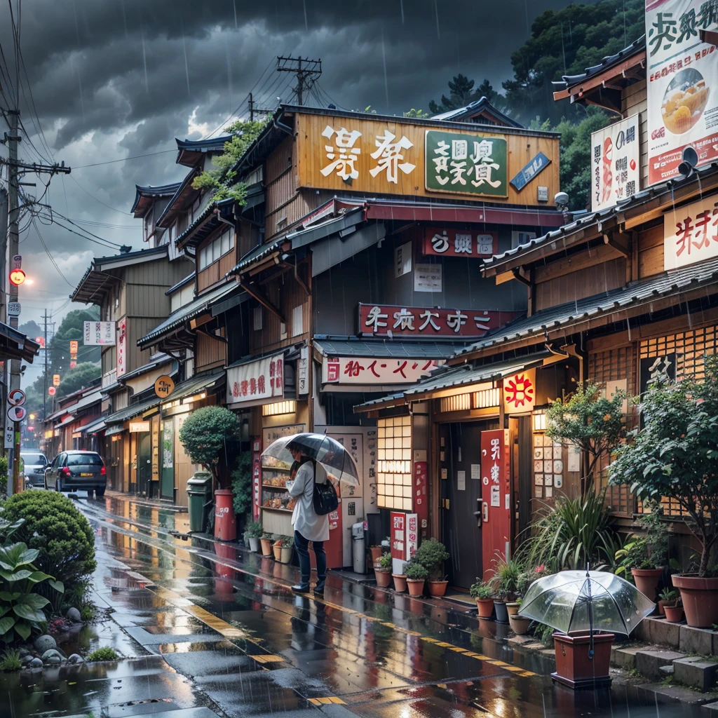 japan, Japanese street, overlooking city, modern Japanese architecture, Japanese style buildings, Japanese convenience store, Japanese shop signs, Japanese signs, plant pots, (no one: 1), no people, no one in sight, no cars, no vechiles, rain, raining, heavy rainfall, wet, puddles, dramatic rain, dramatic rain, heavy rain, lots of rain, rain drops, rain falling, rain drops falling, gloomy weather, emerging sun through clouds, storm