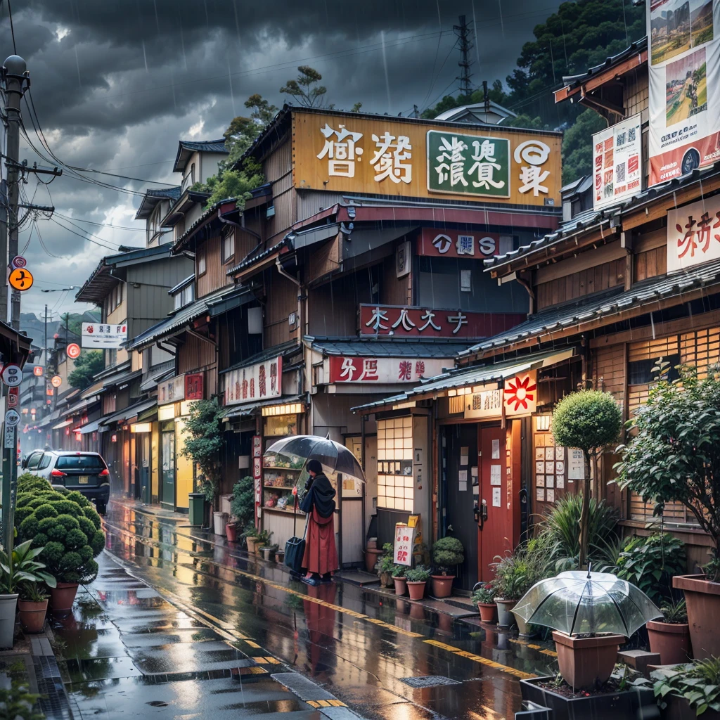 japan, Japanese street, overlooking city, modern Japanese architecture, Japanese style buildings, Japanese convenience store, Japanese shop signs, Japanese signs, plant pots, (no one: 1), no people, no one in sight, no cars, no vechiles, rain, raining, heavy rainfall, wet, puddles, dramatic rain, dramatic rain, heavy rain, lots of rain, rain drops, rain falling, rain drops falling, gloomy weather, emerging sun through clouds, storm