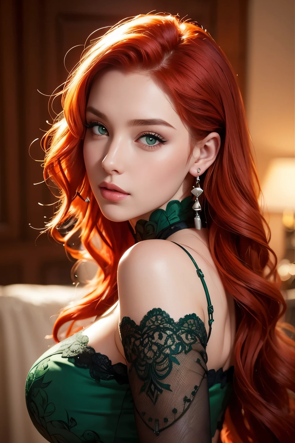The face of a young woman, green eyes, red curls, nose piercing, ear rings, full lips, index finger in front of the lips, head on side, detailed face, realistic, datailed lips, busty
