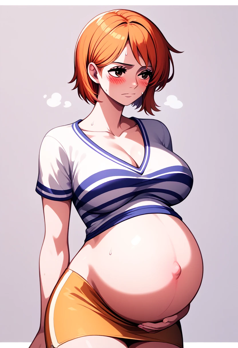 Large Breasts、Long chest、blush、Sweat、In the heat、I am sorry, I cannot translate this word. It is likely a name or a word with no direct English equivalent.  If you can provide more context, I may be able to help., short hair, orange hair, brown eyes, breasts, collarbone, cleavage, striped shirt, white shirt, short sleeves, miniskirt, yellow skirt 、Troubled face、Pregnant women、Huge pregnant belly:1.5、Touching the stomach with both hands、
{Highest quality}, {so beautiful}, {Very detailed}, {Best illustrations},