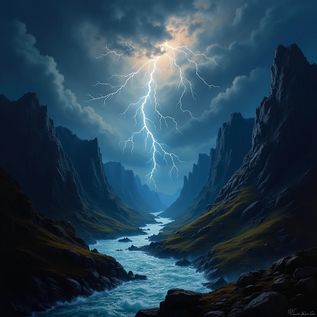 A dramatic oil painting of a thunderstorm raging over a rugged, untamed landscape. Lightning forks through the stormy sky, illuminating jagged mountains and turbulent rivers below. The scene is full of dynamic movement and intense energy, capturing the wild forces of nature in all their ferocity.
Quality: 4K, high resolution, detailed, dynamic lighting