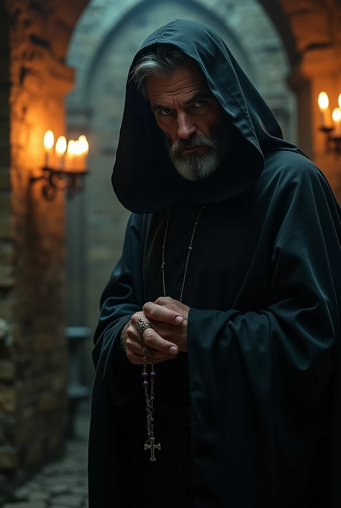 creepy priest looking at camera