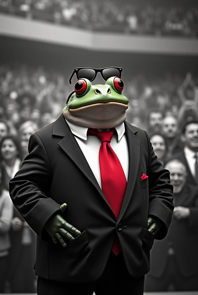 A fat frog with a tux and a red tie and a big crowd and a frog dressed as a bodyguard leaping on the big election stage in black and white.