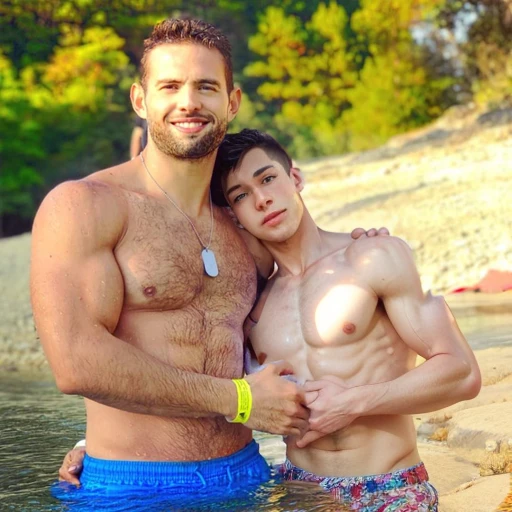 add another effeminate shirtless gay man who is very thin, hugged, Whole body. 