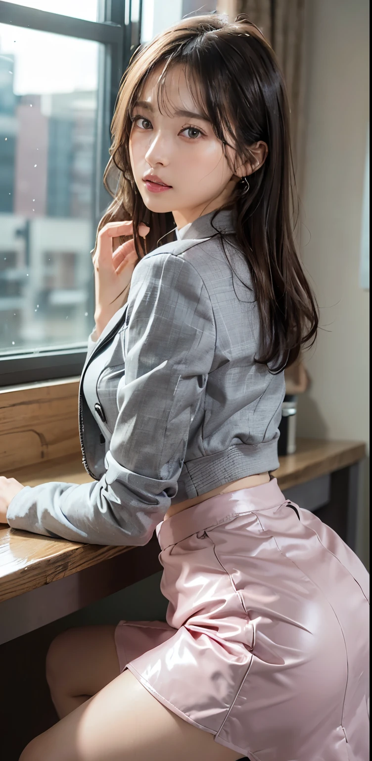 ((highest quality、table top、8k、best image quality、very intricate and detailed details))、1 female、(((lying on the desk))),(perfect anatomy:1.3)、(look at me perfectly、slightly narrowed eyes、perfect eyes、expression of climax :1.3)、(Skin shiny with sweat、perfect sweat、wet and shiny skin:1.05)、(dark night、romantic lighting、slight night light illumination、late night office)、(((woman is wearing gray jacket and tight skirt)))、, 、tall、Brown hair、,sweat,wet skin,((1boy)), beautiful, masterpiece, best quality, extremely detailed face,perfect lighting,penis, (((sex))), , 8k uhd, dslr, soft lighting, high quality,detailed skin,blurry,(cross-eyed:1.2),fullbody,((gray jacket tops and tight long skirt)),from behind,(((pink slim and tight long skirt))),(((pencil skirt)))