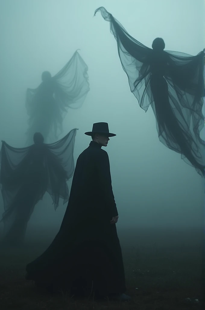 Let it be very far away, no library in the background, instead there should be flying clothes. And the man's face should be covered in such darkness that we cannot see his face. Let the man be far away. Let it be a mysterious and cool photo. Let the clothes be black, let the man have a hat, let it be a bit foggy and chaotic.