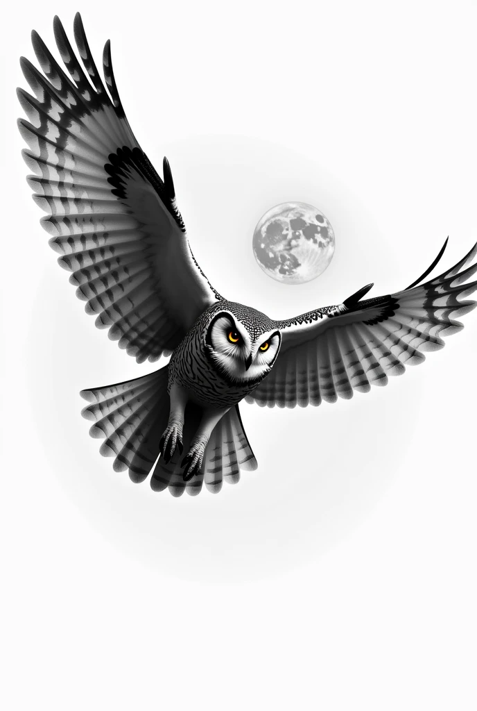 Draw me a completely black and white drawing of an owl flying