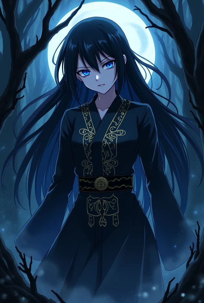 mujer demonio de kimetsu no yaiba, long black hair, Sapphire blue eyes, his sharp pupils, pale skin, It's a demon in the style of Kimetsu no Yaiba, the drawing style is from anime kimetsu no yaiba