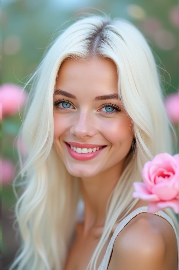 White hair, blue eyes, smile with pink lipstick