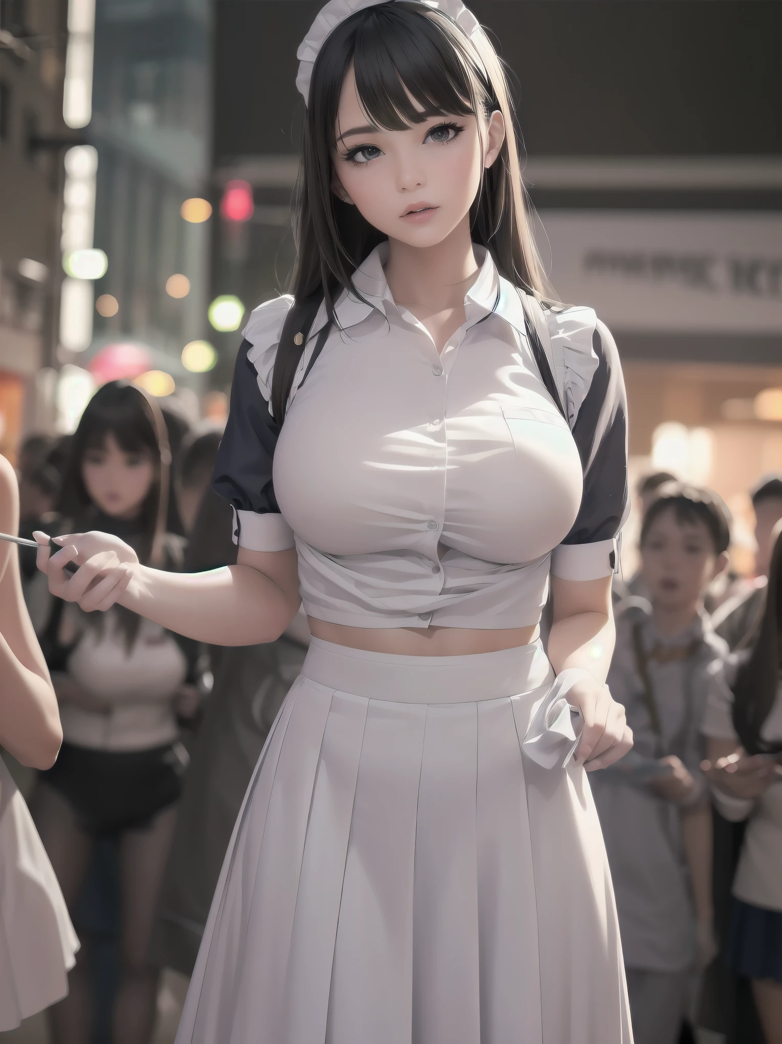 Highly detailed CG Unity 8k wallpaper, Top quality, Highly detailed, Masterpiece, Highly detailed pretty girl, 8 years old, (((lifting skirt by herself))), (lifting skirt by herself)), dynamic angles, sexy pose, blush, lips apart, looking at audience, half body shot, (crowd), (crowded big city)), hair over one eye, immaculate beauty, less revealing maid outfit, classical maid fashion