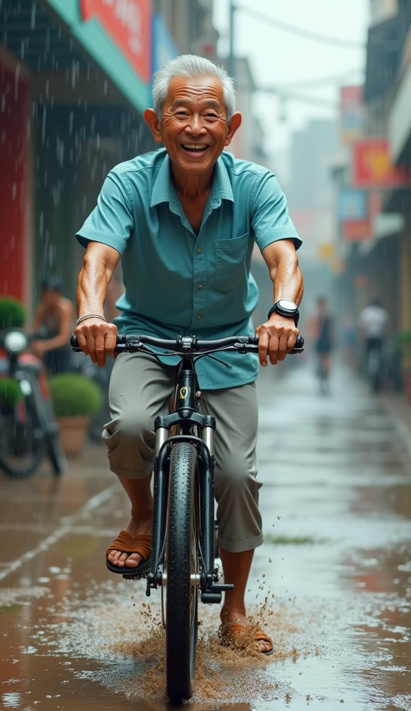 Mr. Tu got mud on him. Mr. Tu got mud on him as he cycled through a puddle.. It's raining.
3D image
Mr. Tu is a man over 60 years old, skinny, dark skin, short neat silver hair. He wore a light blue short-sleeved shirt., light gray khaki pants, brown rubber sandals. His face was full of wrinkles but gentle and cheerful..