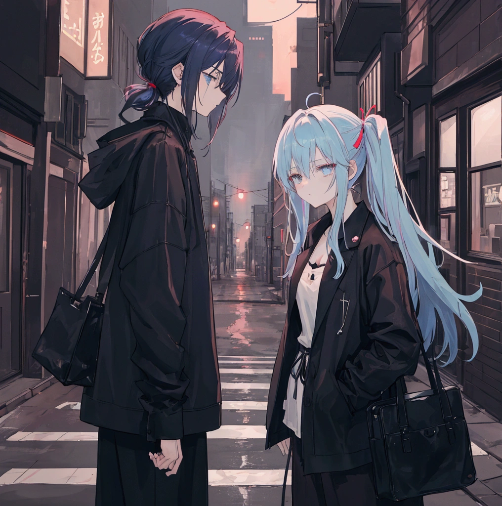 Generate an anime-style digital artwork featuring a melancholic young couple in a moody, urban night setting. The female character has long, light blue hair styled in twin ponytails, adorned with pink and red ribbons. She has piercing blue eyes and a tired expression, reflecting a sense of deep emotional weariness. A cigarette dangles from her lips, and wisps of smoke curl around her face, adding to the mysterious atmosphere. She wears a black top partially covered by a light jacket. The male character, standing close by, has medium-length brown or black Asian hair that’s slightly tousled, with a rugged yet handsome appearance. His expression is calm but carries a hint of sadness, mirroring the emotional depth of his partner. He wears a simple dark shirt and jacket, leaning slightly against a wall, gazing toward the camera with a contemplative look. The background is a dimly lit alleyway or an urban street at night, bathed in the faint glow of distant streetlights or neon signs. Deep shadows cast by the sparse lighting enhance the mood, creating a sense of solitude, introspection, and quiet defiance. The overall atmosphere should convey the feeling of two souls bound by shared experiences, standing together against a backdrop of a cold, indifferent cityscape. The color palette should be cool, dominated by blues, purples, and dark tones, with occasional warm highlights from the streetlights or cigarette embers. Ensure both characters are the focus, with the setting complementing their emotional state, creating a harmonious yet haunting scene that captures the essence of their bond and the loneliness of the urban night