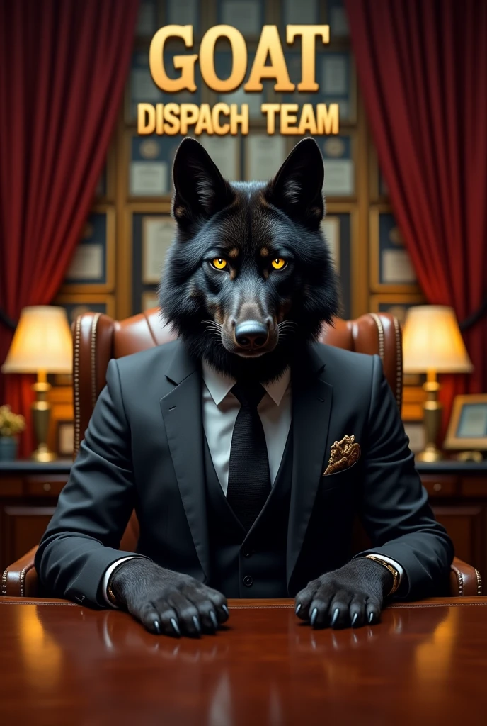 angry black serious wolf with gangster suit sitting in the luxury office under the letter "GOAT DISPATCH TEAM"