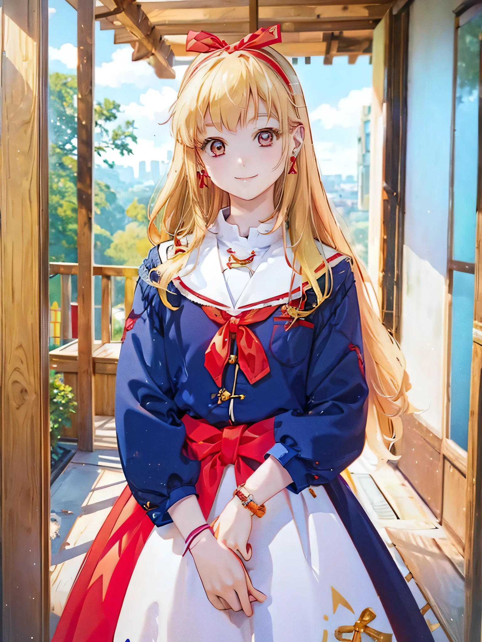 (RED Ribbon on HAIRband:1.2),cowboy shot,,a young GIRL with Blonde hair, smiling, posing on the ROOM, 1girl, jewelry, earrings, solo, realistic, hoop earrings, outdoors, looking at viewer, smile, Blonde hair,