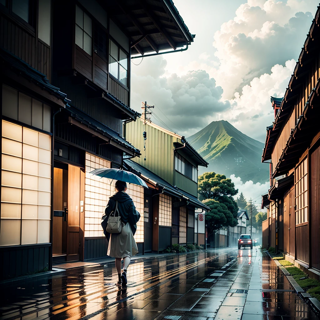 japan, a high school girl walking on Japanese street along the side of a mountain, overlooking city, modern Japanese architecture, retro Japanese style buildings, retro Japanese convenience store, retro Japanese shop signs, Japanese signs, plant pots, (no one: 1), no people, no one in sight, no cars, no vechiles, rain, raining, heavy rainfall, wet, puddles, dramatic rain, dramatic rain, heavy rain, lots of rain, rain drops, rain falling, rain drops falling, gloomy weather, emerging sun through clouds, storm