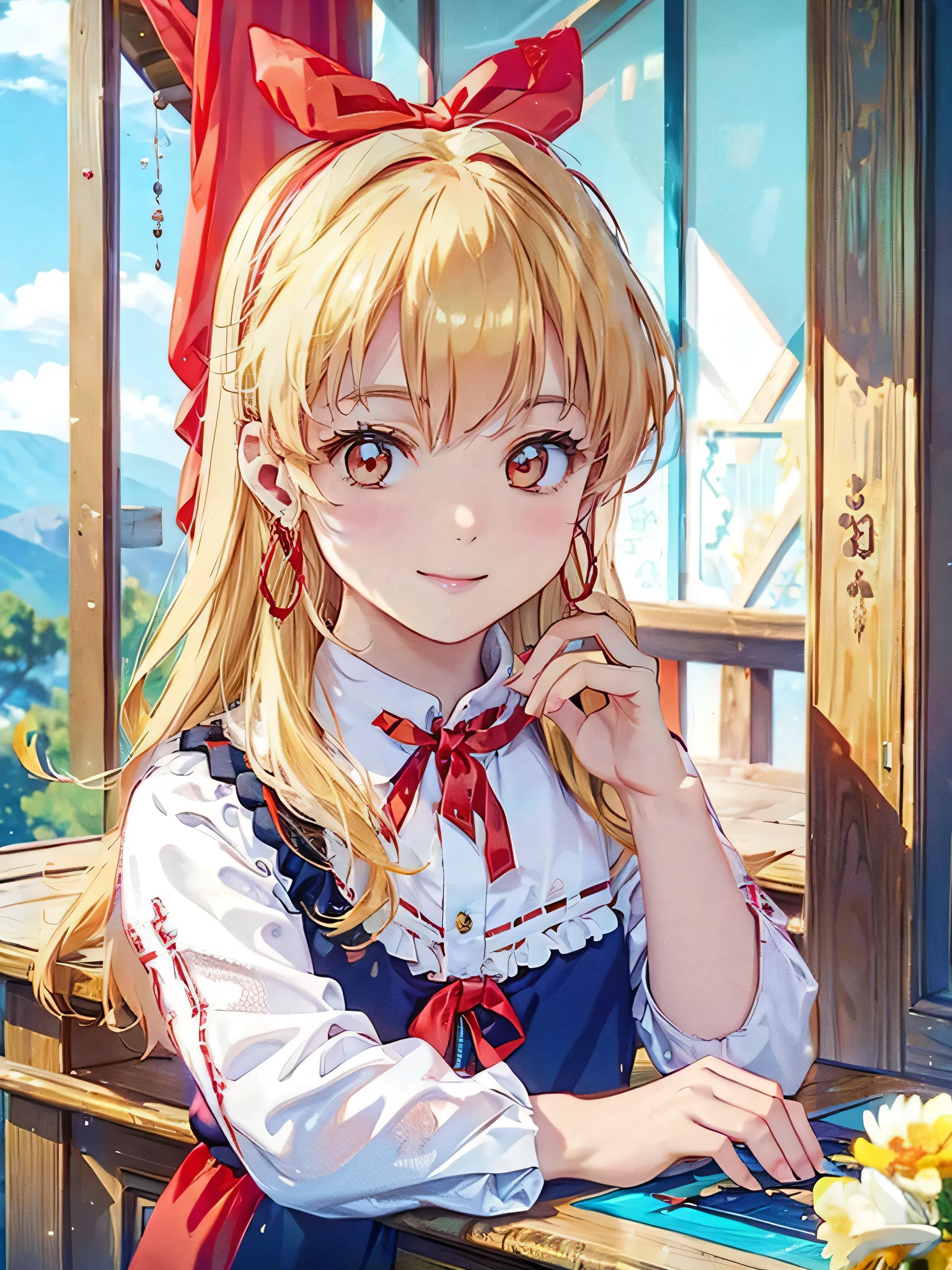 (RED Ribbon on HAIRband:1.2),cowboy shot,,a young GIRL with Blonde hair, smiling, posing on the ROOM, 1girl, jewelry, earrings, solo, realistic, hoop earrings, outdoors, looking at viewer, smile, Blonde hair,