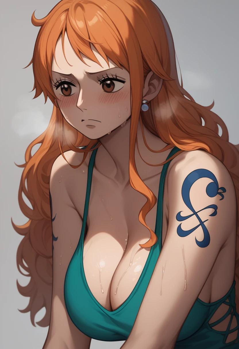 Large Breasts、Long chest、blush、Sweat、In the heat、aanami, long hair, orange hair, earrings, brown eyes, shoulder tattoo, collarbone, bare shoulders, cleavage,(Tシャツマキシ(きつい)ドレス)、Troubled face、sex,
{Highest quality}, {so beautiful}, {Very detailed}, {Best illustrations},