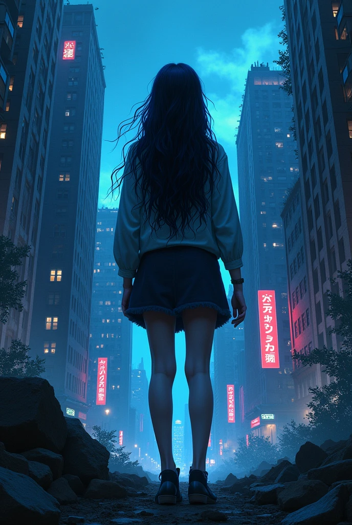 Dystopian. A young woman with black and navy blue hair. Dark. Dystopian. Utopian.