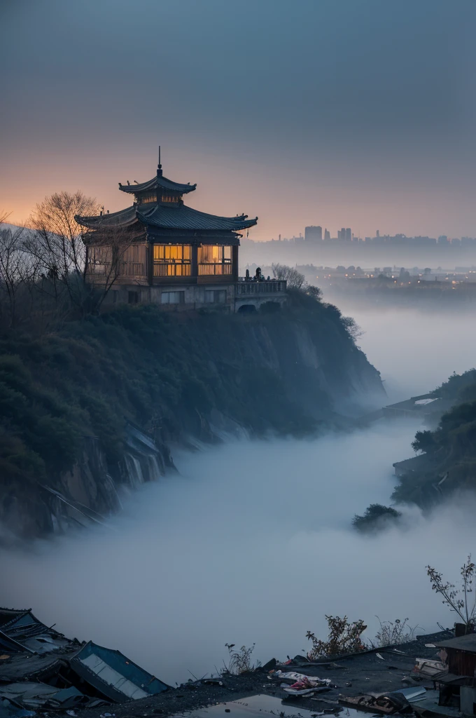 Counterfactual landscape, 매우 detailed, post apocalypse, The water is polluted.. riverside, detailed, Exceptional Quality, high quality, Buildings are everywhere, Buildings are destroyed., finished., More darkness, dark 상황, After the apocalypse, Fog, dark, Not many trees.