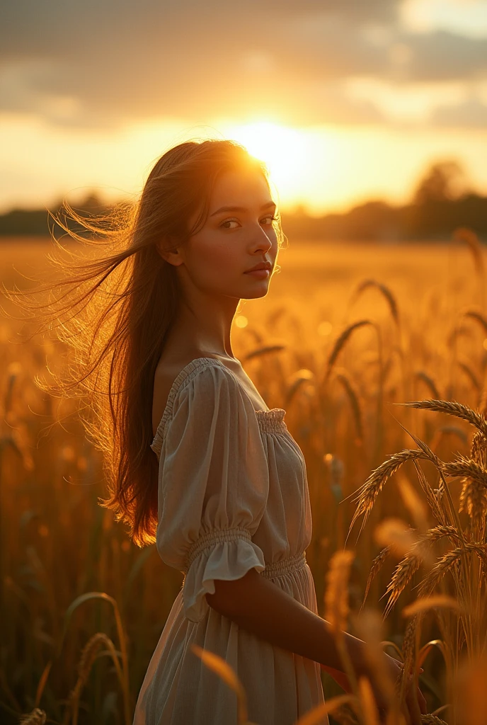 A beautiful girl standing besides wheat field, paddy overgrown, slight wind blowing hair and wheat, time before sunset, sun hidden behind rainclouds,sunlight falling from and between clouds,girl's body facing the viewers,girl's head looking at the wheat, film aesthetic,